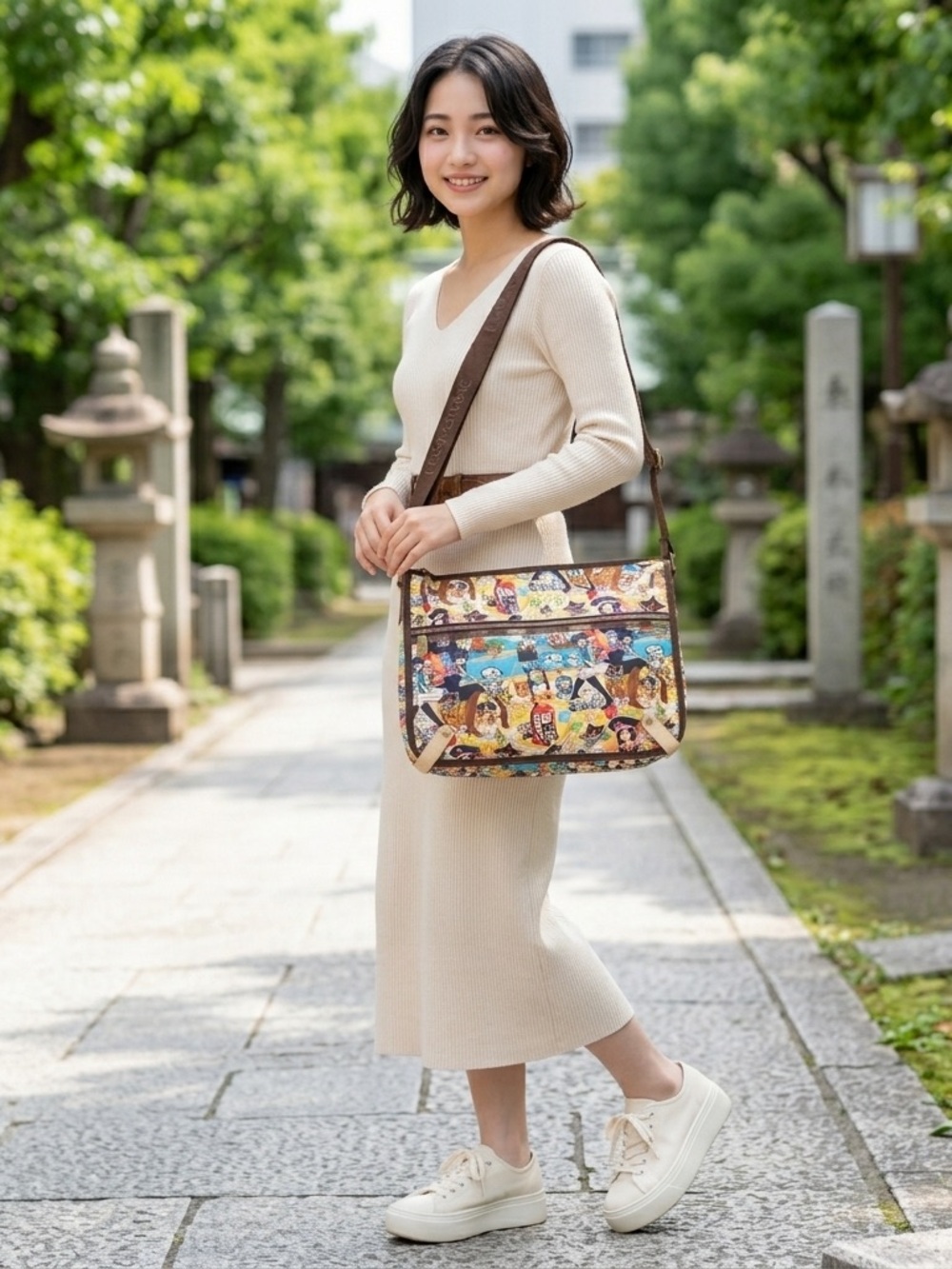 LeSportsac Multicolor Cartoon Print Shoulder Bag in Brown Trim